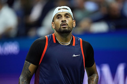 Sep 6, 2022; Flushing, NY, USA; Nick Kyrgios of Australia reacts during a match against Karen Khachanov (not pictured) on day nine of the 2022 U.S. Open tennis tournament at USTA Billie Jean King Tennis Center. Mandatory Credit: Danielle Parhizkaran-USA TODAY Sports
