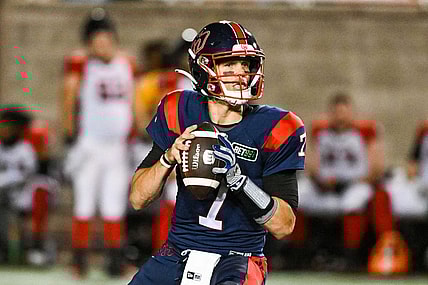 Sep 2, 2022; Montreal, Quebec, CAN; Montreal Alouettes quarterback Trevor Harris (7) against the Ottawa Redblacks during the second quarter at Percival Molson Memorial Stadium. Mandatory Credit: David Kirouac-USA TODAY Sports