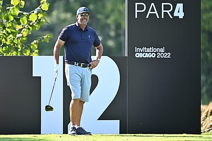 Sep 16, 2022; Chicago, Illinois, USA; Phil Mickelson waits to tee off from the 12th tee box during the first round of a LIV Golf tournament at Rich Harvest Farms. Mandatory Credit: Jamie Sabau-USA TODAY Sports