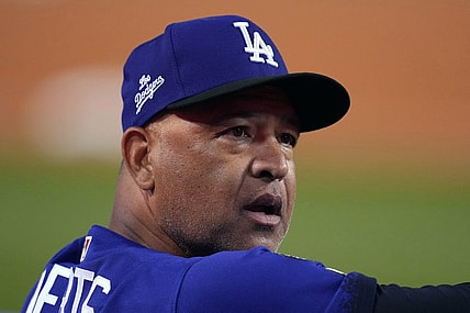 Sep 22, 2022; Los Angeles, California, USA; Los Angeles Dodgers manager Dave Roberts (30) reacts in the third inning against the Arizona Diamondbacks at Dodger Stadium. Mandatory Credit: Kirby Lee-USA TODAY Sports
