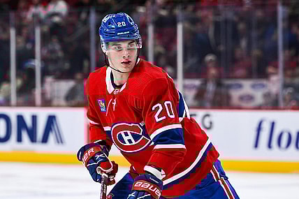 Oct 3, 2022; Montreal, Quebec, CAN; Montreal Canadiens left wing Juraj Slafkovsky (20) looks towards his left during the second period at Bell Centre. Mandatory Credit: David Kirouac-USA TODAY Sports
