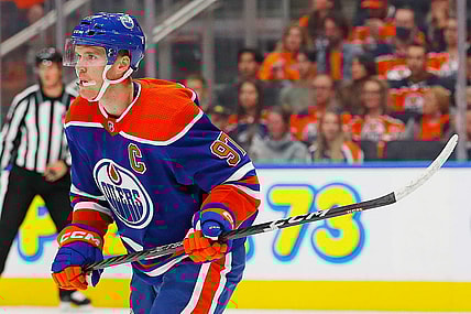 Sep 30, 2022; Edmonton, Alberta, CAN; Edmonton Oilers forward Connor McDavid (97) skates against the Calgary Flames at Rogers Place. Mandatory Credit: Perry Nelson-USA TODAY Sports
