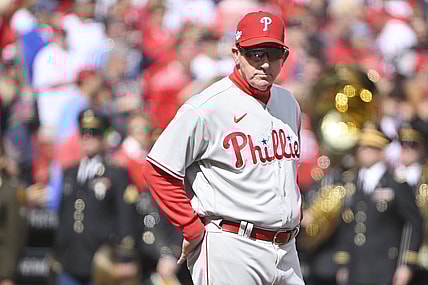 Oct 7, 2022; St. Louis, Missouri, USA; Philadelphia Phillies interim manager Rob Thomson (59) looks on during player introductions prior to game one of the Wild Card series against the St. Louis Cardinals in the 2022 MLB Playoffs at Busch Stadium. Mandatory Credit: Jeff Curry-USA TODAY Sports