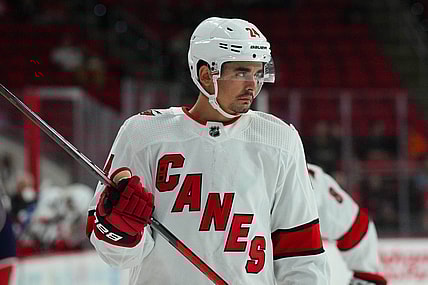 Oct 3, 2022; Raleigh, North Carolina, USA;  Carolina Hurricanes center Seth Jarvis (24) looks on against the Columbus Blue Jackets during the third period at PNC Arena. Mandatory Credit: James Guillory-USA TODAY Sports
