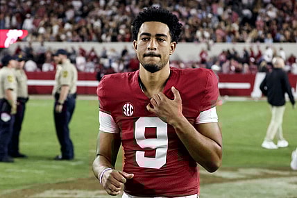 Oct 8, 2022; Tuscaloosa, Alabama, USA;  Alabama Crimson Tide quarterback Bryce Young (9) walks off the field after a Crimson Tide victory over the Texas A&M Aggies at Bryant-Denny Stadium. Mandatory Credit: Butch Dill-USA TODAY Sports