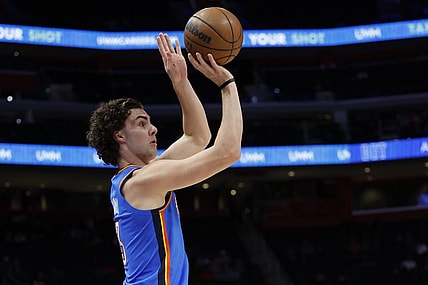 Oct 11, 2022; Detroit, Michigan, USA;  Oklahoma City Thunder guard Josh Giddey (3) shoots in the first half against the Detroit Pistons at Little Caesars Arena. Mandatory Credit: Rick Osentoski-USA TODAY Sports
