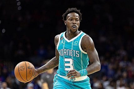 Oct 12, 2022; Philadelphia, Pennsylvania, USA; Charlotte Hornets guard Terry Rozier (3) in action against the Philadelphia 76ers during the first quarter at Wells Fargo Center. Mandatory Credit: Bill Streicher-USA TODAY Sports