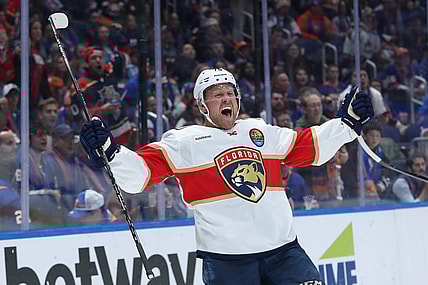 Oct 13, 2022; Elmont, New York, USA;   Florida Panthers right wing Patric Hornqvist (70) celebrates his goal against the New York Islanders during the third period at UBS Arena. Mandatory Credit: Thomas Salus-USA TODAY Sports