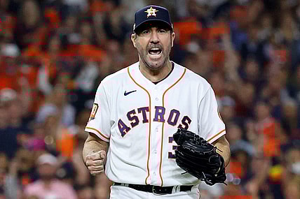 Oct 19, 2022; Houston, Texas, USA; Houston Astros starting pitcher Justin Verlander (35) reacts after striking out Houston Astros second baseman Jose Altuve (not pictured) to end the sixth inning in game one of the ALCS for the 2022 MLB Playoffs at Minute Maid Park. Mandatory Credit: Troy Taormina-USA TODAY Sports