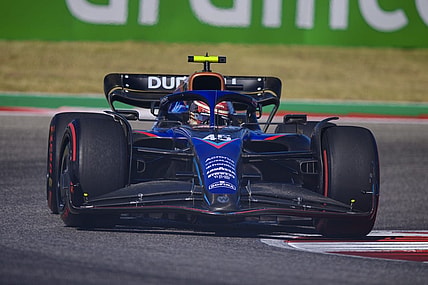 Oct 21, 2022; Austin, Texas, USA; Williams Racing driver Logan Sargeant (45) of Team USA drives during practice for the U.S. Grand Prix at the Circuit of the Americas. Mandatory Credit: Jerome Miron-USA TODAY Sports