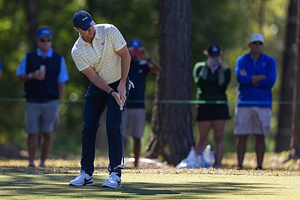 Oct 22, 2022; Ridgeland, South Carolina, USA; Rory McIlroy putts on the first green during the third round of THE CJ CUP in South Carolina golf tournament. Mandatory Credit: David Yeazell-USA TODAY Sports