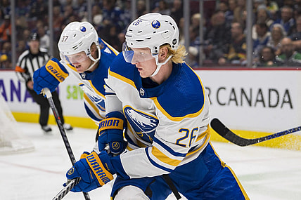 Oct 22, 2022; Vancouver, British Columbia, CAN; Buffalo Sabres defenseman Rasmus Dahlin (26) skates against the Vancouver Canucks in the third period at Rogers Arena. Buffalo won 5-1. Mandatory Credit: Bob Frid-USA TODAY Sports