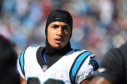 Oct 23, 2022; Charlotte, North Carolina, USA; Carolina Panthers running back Chuba Hubbard (30) on the sidelines in the third quarter at Bank of America Stadium. Mandatory Credit: Bob Donnan-USA TODAY Sports