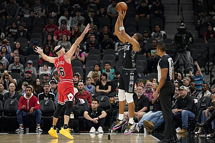 Oct 28, 2022; San Antonio, Texas, USA; San Antonio Spurs forward Keldon Johnson (3) shoots over Chicago Bulls guard Alex Caruso (6) during the first half at AT&T Center. Mandatory Credit: Scott Wachter-USA TODAY Sports
