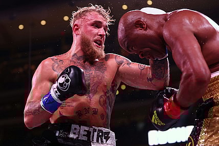 Oct 29, 2022; Glendale, Arizona, USA;  Jake Paul lands a hit against Anderson Silva at Desert Diamond Arena. Mandatory Credit: Mark J. Rebilas-USA TODAY Sports