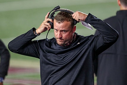 Sep 26, 2020; Chestnut Hill, Massachusetts, USA; Texas State Bobcats head coach Jake Spavital reacts during the second half against the Boston College Eagles at Alumni Stadium. Mandatory Credit: Paul Rutherford-USA TODAY Sports