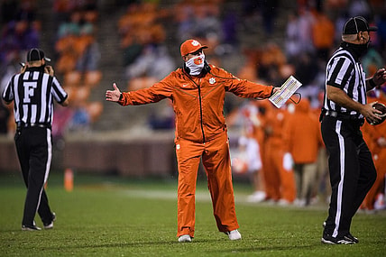 Oct 10, 2020; Clemson, South Carolina, USA; Clemson Tigers head coach Dabo Swinney reacts during the third quarter against the Miami Hurricanes  at Memorial Stadium. Mandatory Credit: Ken Ruinard-USA TODAY Sports