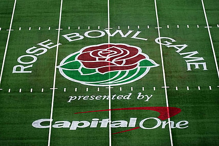 Jan 1, 2021; Arlington, Texas, USA; A general view of the Rose Bowl game logo at midfield during the Rose Bowl between the Alabama Crimson Tide and the Notre Dame Fighting Irish at AT&T Stadium. Mandatory Credit: Kirby Lee-USA TODAY Sports