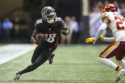 Oct 3, 2021; Atlanta, Georgia, USA; Atlanta Falcons wide receiver Calvin Ridley (18) runs after a catch against the Washington Football Team in the second quarter at Mercedes-Benz Stadium. Mandatory Credit: Brett Davis-USA TODAY Sports