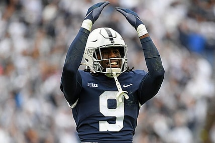 Oct 23, 2021; University Park, Pennsylvania, USA; Penn State Nittany Lions cornerback Joey Porter Jr. (9) gestures to the crowd against the Illinois Fighting Illini during the second half at Beaver Stadium. Mandatory Credit: Rich Barnes-USA TODAY Sports