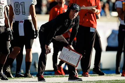 Nov 26, 2021; Colorado Springs, Colorado, USA; UNLV Rebels head coach Marcus Arroyo looks on in the third quarter against the Air Force Falcons at Falcon Stadium. Mandatory Credit: Isaiah J. Downing-USA TODAY Sports