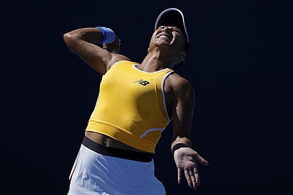 Mar 26, 2022; Miami Gardens, FL, USA; Heather Watson (GBR) serves against Belinda Bencic (SUI) (not pictured) in a women's singles third round match in the Miami Open at Hard Rock Stadium. Mandatory Credit: Geoff Burke-USA TODAY Sports