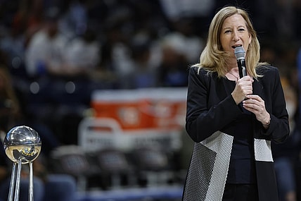 May 24, 2022; Chicago, Illinois, USA; WNBA commissioner Cathy Engelbert addresses fans during a championship ring ceremony for the Chicago Sky before a WNBA basketball game against the Indiana Fever at Wintrust Arena. Mandatory Credit: Kamil Krzaczynski-USA TODAY Sports