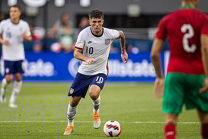 Jun 1, 2022; Cincinnati, Ohio, USA; United States forward Christian Pulisic (10) dribbles the ball during an International friendly soccer match against the Morocco at TQL Stadium. Mandatory Credit: Trevor Ruszkowski-USA TODAY Sports