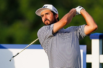 Jul 9, 2022; Nicholasville, Kentucky, USA; Mark Hubbard plays his shot from the second tee during the third round of the Barbasol Championship golf tournament. Mandatory Credit: Jordan Prather-USA TODAY Sports