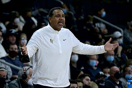 Providence College Friars  coach Ed Cooley questioning a  ref over a call in the first half.  Providence College Friars host the Butler Bulldogs in men's basketball at the Dunkin Donut  Center on Jan 23, 2022.  [The Providence Journal / Kris Craig]   ORG XMIT: 00042492A