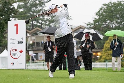 Aug 26, 2022; Ottawa, Ontario, CAN; Gemma Dryburgh from Scotland tees off during the second round of the CP Women's Open golf tournament. Mandatory Credit: Marc DesRosiers-USA TODAY Sports