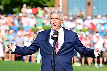 Aug 28, 2022; Atlanta, Georgia, USA; PGA commissioner Jay Monahan speaks during the final round of the TOUR Championship golf tournament. Mandatory Credit: Adam Hagy-USA TODAY Sports