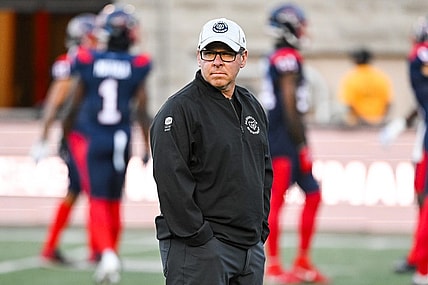 Sep 2, 2022; Montreal, Quebec, CAN; Montreal Alouettes head coach and general manager Danny Maciocia oversees warm-up drills at Percival Molson Memorial Stadium. Mandatory Credit: David Kirouac-USA TODAY Sports
