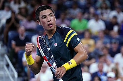 Sep 3, 2022; Flushing, NY, USA; Brandon Nakashima of the United States reacts after winning the first set against Jannik Sinner of Italy on day six of the 2022 U.S. Open tennis tournament at USTA Billie Jean King Tennis Center. Mandatory Credit: Danielle Parhizkaran-USA TODAY Sports