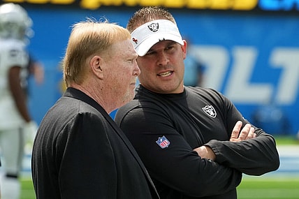 Sep 11, 2022; Inglewood, California, USA; Las Vegas Raiders owner Mark Davis (left) and coach Josh McDaniels during the game against the Los Angeles Chargers at SoFi Stadium. Mandatory Credit: Kirby Lee-USA TODAY Sports