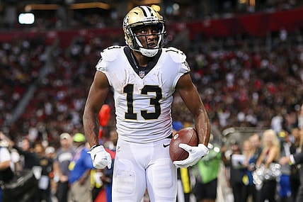 Sep 11, 2022; Atlanta, Georgia, USA; New Orleans Saints wide receiver Michael Thomas (13) celebrates after a touchdown against the Atlanta Falcons in the fourth quarter at Mercedes-Benz Stadium. Mandatory Credit: Brett Davis-USA TODAY Sports