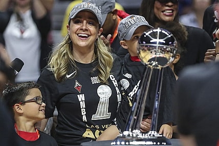 Sep 18, 2022; Uncasville, Connecticut, USA; Las Vegas Aces head coach Becky Hammon celebrates after winning the WNBA Championship in game four of the 2022 WNBA Finals against the Connecticut Sun at Mohegan Sun Arena. Mandatory Credit: Wendell Cruz-USA TODAY Sports
