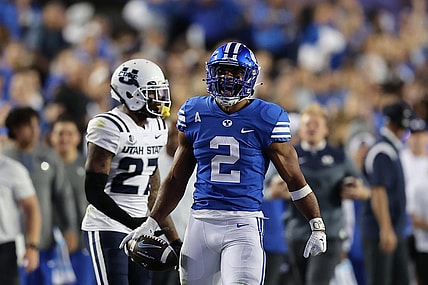 Sep 29, 2022; Provo, Utah, USA; Brigham Young Cougars running back Christopher Brooks (2) reacts in the fourth quarter against the Utah State Aggies at LaVell Edwards Stadium. Mandatory Credit: Rob Gray-USA TODAY Sports