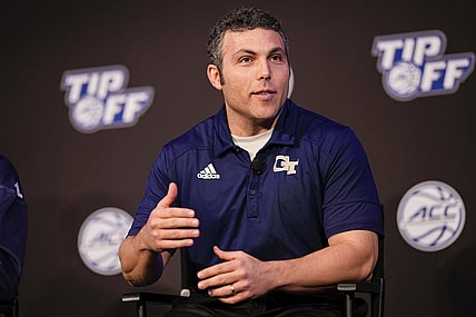 Oct 12, 2022; Charlotte, North Carolina, US; Georgia Tech Coach Josh Partner during the ACC Tip Off media day in Charlotte, NC.  Mandatory Credit: Jim Dedmon-USA TODAY Sports