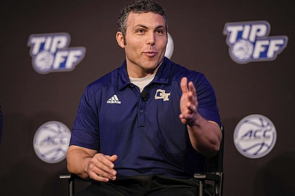 Oct 12, 2022; Charlotte, North Carolina, US; Georgia Tech Coach Josh Pastner during the ACC Tip Off media day in Charlotte, NC.  Mandatory Credit: Jim Dedmon-USA TODAY Sports