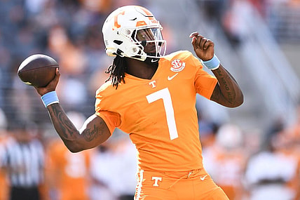 Tennessee quarterback Joe Milton III (7) pulls back to throw during the NCAA college football game against  UT Martin on Saturday, October 22, 2022 in Knoxville, Tenn.

Utvmartin1012