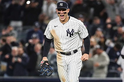 Oct 18, 2022; Bronx, New York, USA; New York Yankees first baseman Anthony Rizzo (48) during game five of the NLDS for the 2022 MLB Playoffs at Yankee Stadium. Mandatory Credit: Wendell Cruz-USA TODAY Sports
