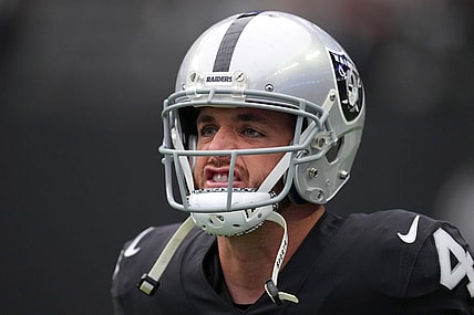 Oct 23, 2022; Paradise, Nevada, USA; Las Vegas Raiders quarterback Derek Carr (4) warms up before a game against the Houston Texans at Allegiant Stadium. Mandatory Credit: Stephen R. Sylvanie-USA TODAY Sports