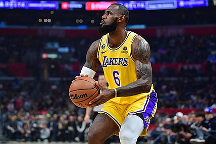 Nov 9, 2022; Los Angeles, California, USA; Los Angeles Lakers forward LeBron James (6) shoots against the Los Angeles Clippers during the first half at Crypto.com Arena. Mandatory Credit: Gary A. Vasquez-USA TODAY Sports