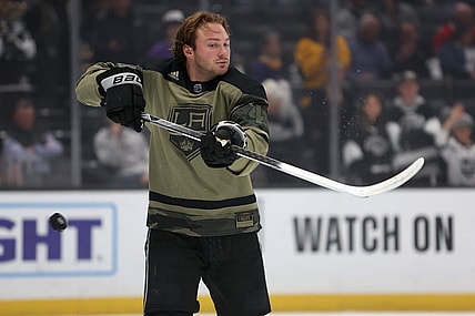 Nov 10, 2022; Los Angeles, California, USA; Los Angeles Kings left wing Brendan Lemieux (48) warms up before the game against the Chicago Blackhawks at Crypto.com Arena. Mandatory Credit: Kiyoshi Mio-USA TODAY Sports