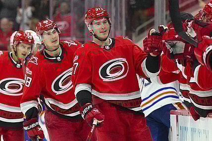 Nov 10, 2022; Raleigh, North Carolina, USA; Carolina Hurricanes right wing Andrei Svechnikov (37) celebrates his third goal of the game against the Edmonton Oilers during the third period at PNC Arena. Mandatory Credit: James Guillory-USA TODAY Sports