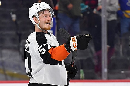 Nov 8, 2022; Philadelphia, Pennsylvania, USA; Philadelphia Flyers right wing Wade Allison (57) against the St. Louis Blues at Wells Fargo Center. Mandatory Credit: Eric Hartline-USA TODAY Sports