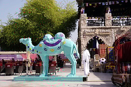 Nov 15, 2022; Doha, QATAR; One of many World Cup statues in Souk Waqif ahead of the 2022 FIFA World Cup. Mandatory Credit: Danielle Parhizkaran-USA TODAY Sports