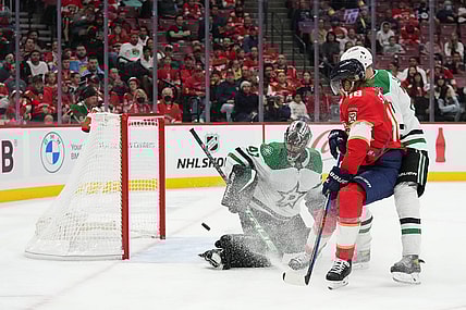 Nov 17, 2022; Sunrise, Florida, USA; Dallas Stars goaltender Scott Wedgewood (41) blocks the shot of Florida Panthers defenseman Marc Staal (18) during the second period at FLA Live Arena. Mandatory Credit: Jasen Vinlove-USA TODAY Sports