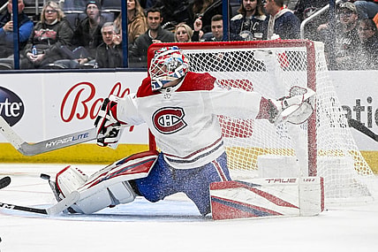 Nov 17, 2022; Columbus, Ohio, USA; Montreal Canadiens goaltender Sam Montembeault (35) is scored on in the third period abasing the Columbus Blue Jackets at Nationwide Arena. Mandatory Credit: Gaelen Morse-USA TODAY Sports